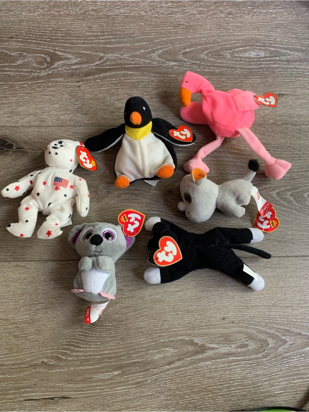 Lot of 6 Ty Beanie Baby Plush Set - Pink, Black, White, Gray, Orangey